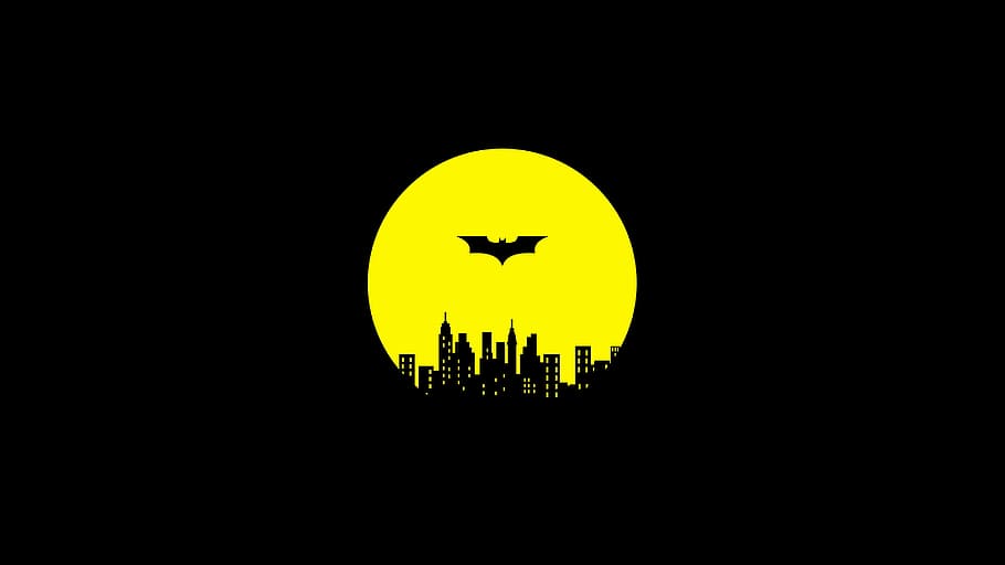 logotipo do batman, batman, cidade de gotham, noite, guardião, noite escura, amarelo, luzes da cidade, papel de parede da noite, lua