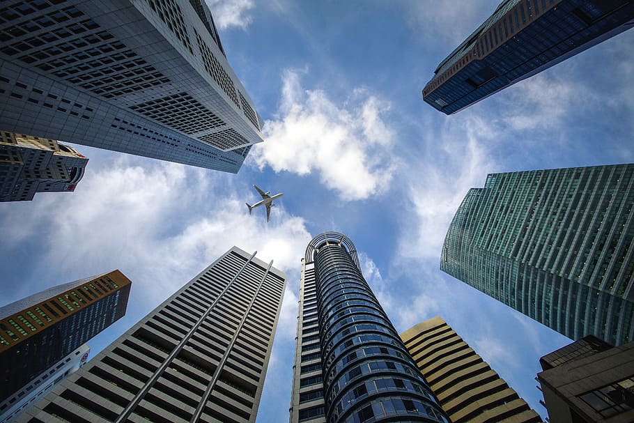 high-rise, building, cloudy, sky, singapore, blue, financial district, plane, skyscraper, architecture