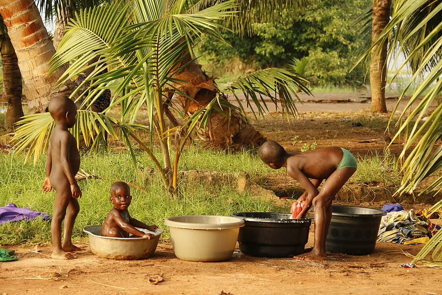 crianças tomando banho, árvores, dia, benin, áfrica, criança, preto, simplicidade, criança jovem, viagem