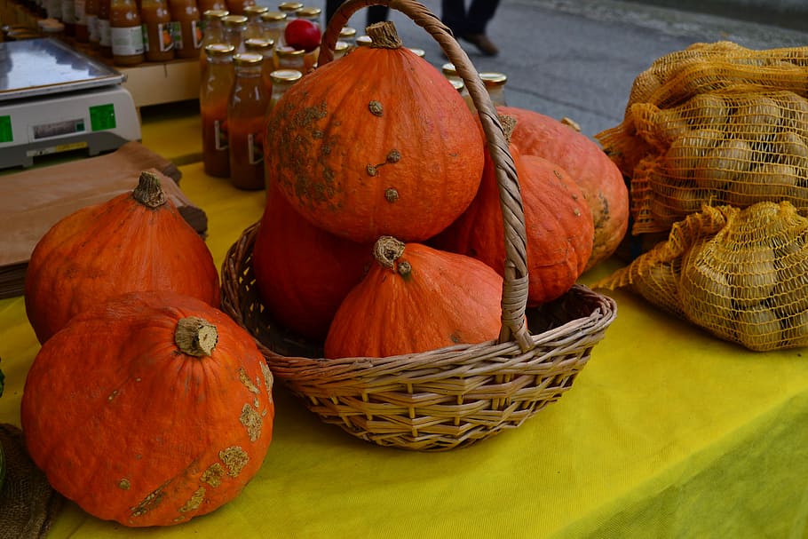 caprie, pumpkins, market, vegetables, edible, food, alimentari, food and drink, basket, pumpkin