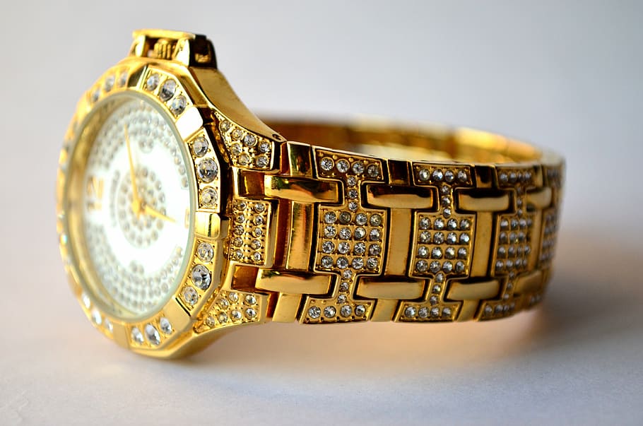 round gold-colored analog, watch, gold-colored link bracelet, wrist, wristwatch, gold, band, diamonds, expensive, studded