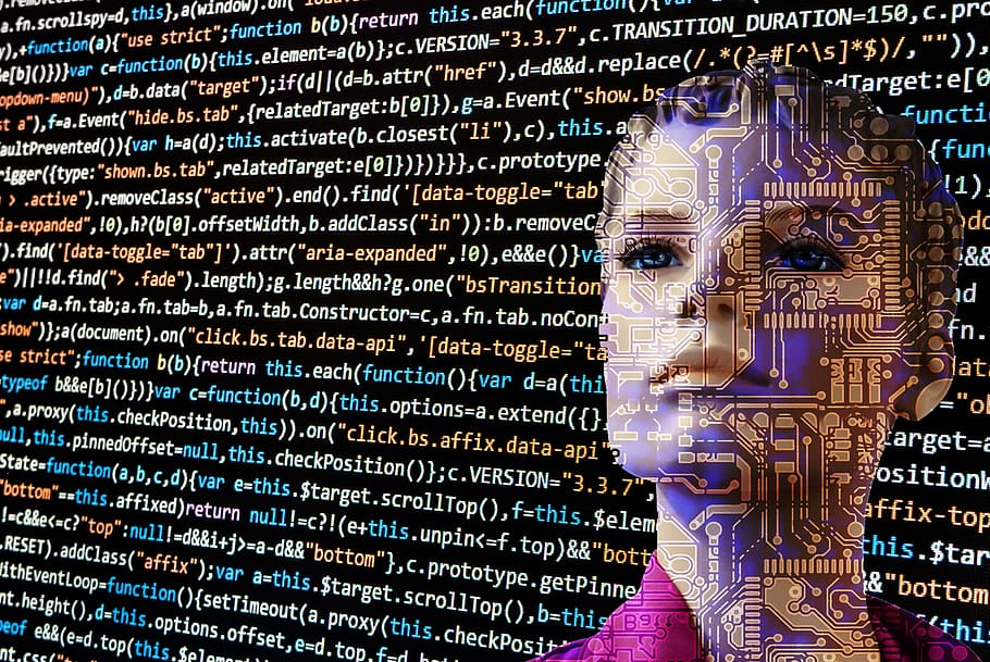 ilustração, mulher, rosto, códigos de computador, inteligência artificial, robô, programação, computador, ambiente, sintaxe