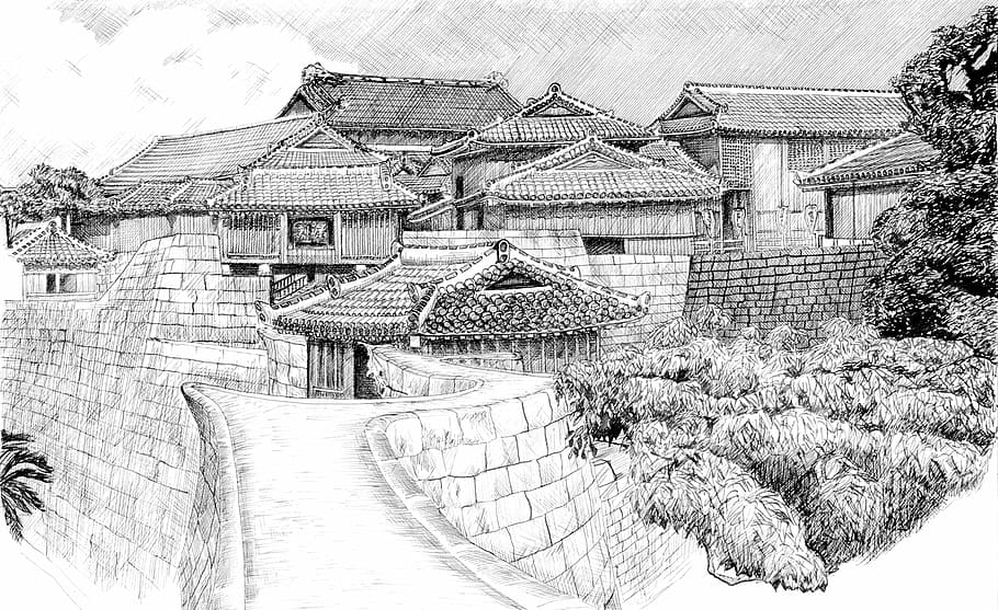 japanese castle ink, Japanese Castle, Ink, Drawing, art, castle, japanese, public domain, black And White, old-fashioned