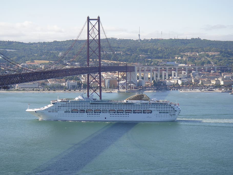 lisbon, portugal, 25th of april bridge, boat, transportation, water, nautical vessel, architecture, built structure, mode of transportation