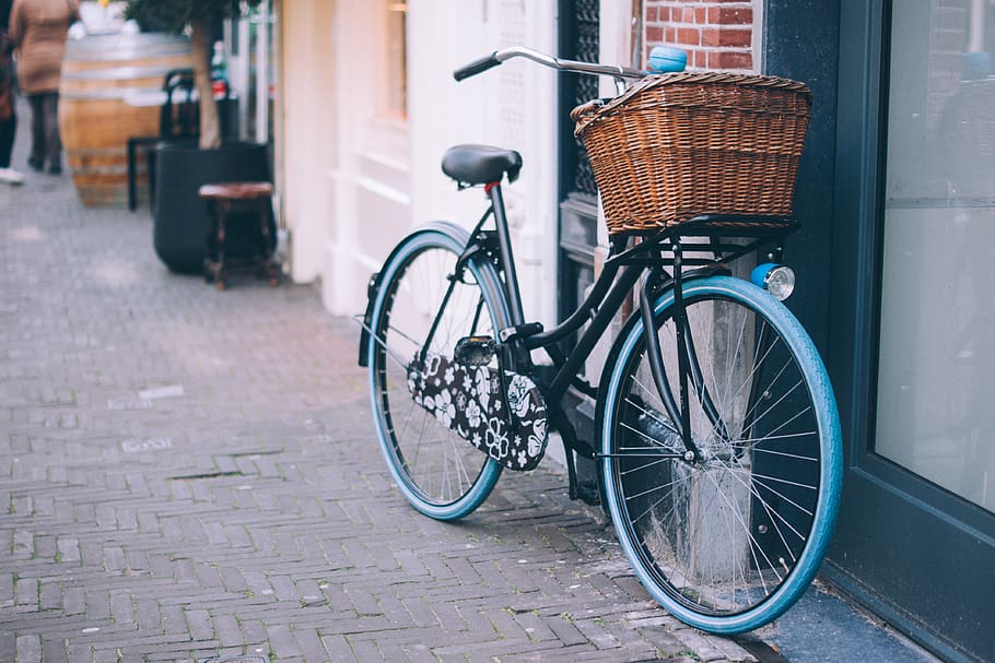bicycle, bike, basket, cobblestone, sidewalk, city, urban, street, transportation, land vehicle