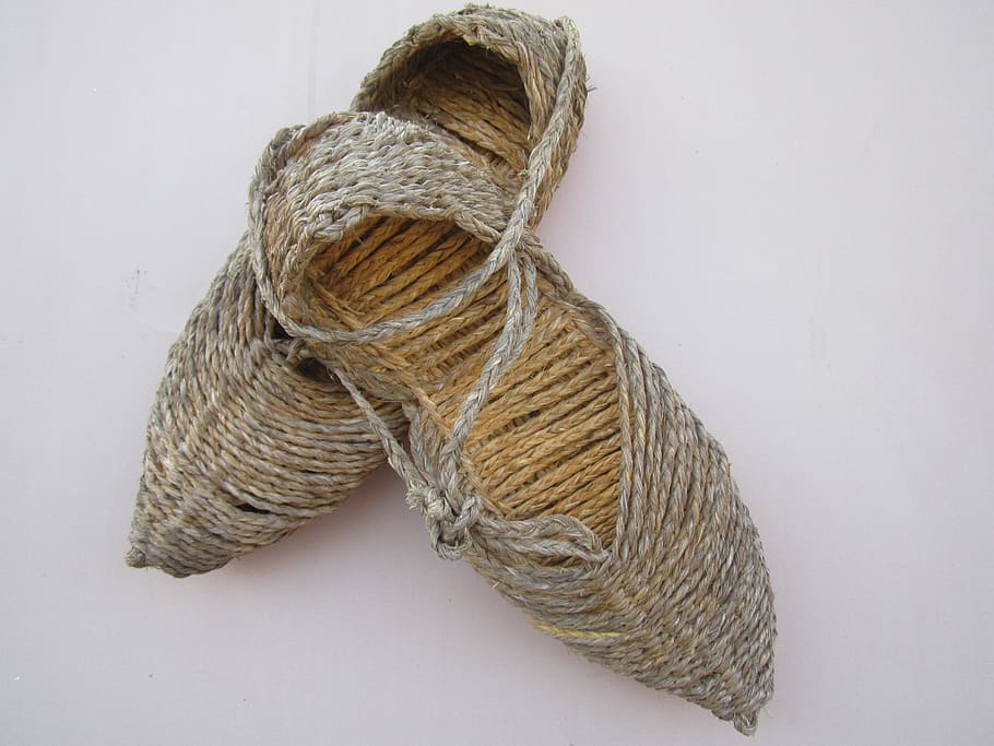 shoes, esparto, field, indoors, white background, studio shot, close-up, still life, wool, tied up
