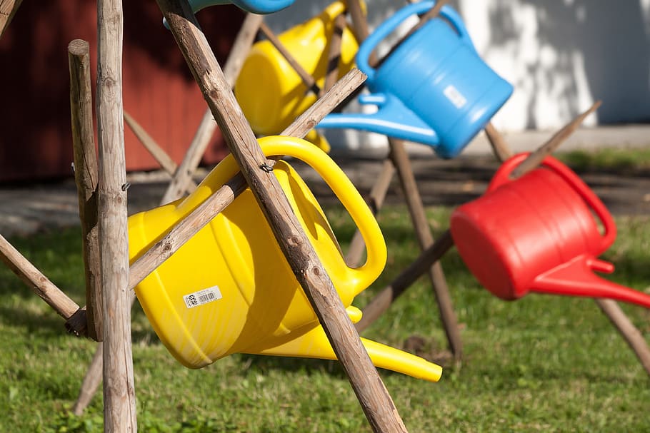 watering can, plastic, colorful, red, blue, yellow, casting, water, irrigation, garden