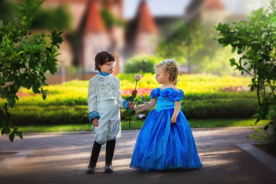 boy, white, suit, giving, flower, girl, blue, gown, prince and princess, kids