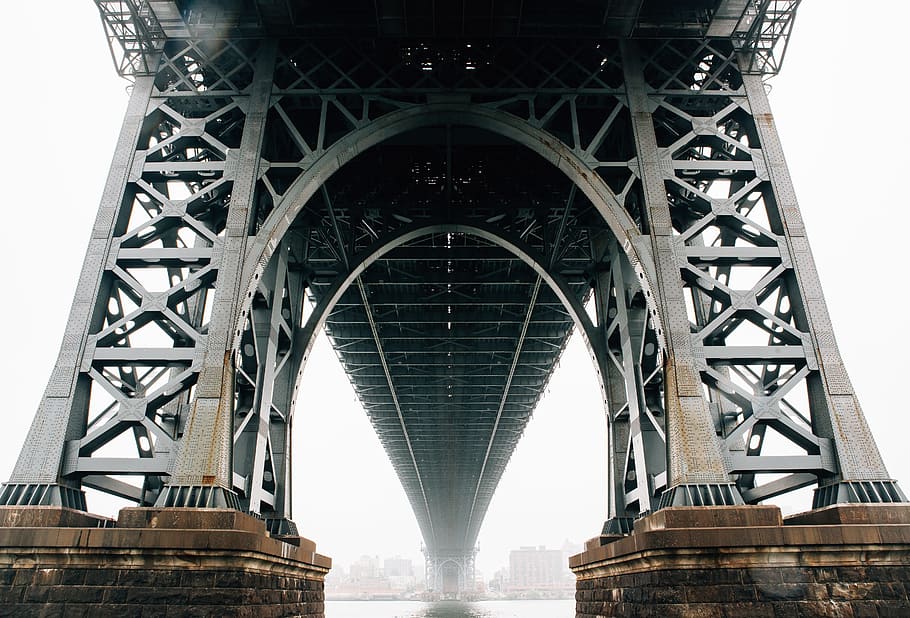 gray, black, bridge, pylon, underneath, perspective, crossing, infrastructure, architecture, water