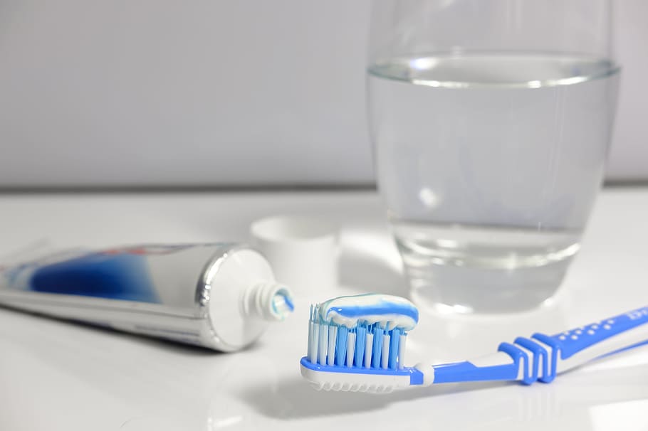 blue, white, toothbrush, toothpaste soft-tube, toothpaste, brushing teeth, hygiene, clean, gift, tube