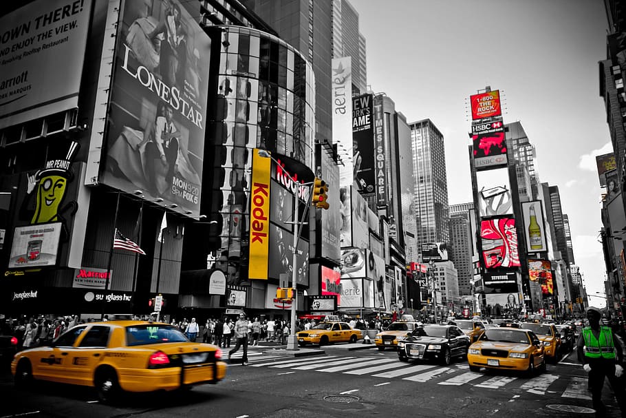Time Square, Nueva York, rojo, amarillo, ciudad, taxi amarillo, taxi, Manhattan - Nueva York, Times Square - Manhattan, calle