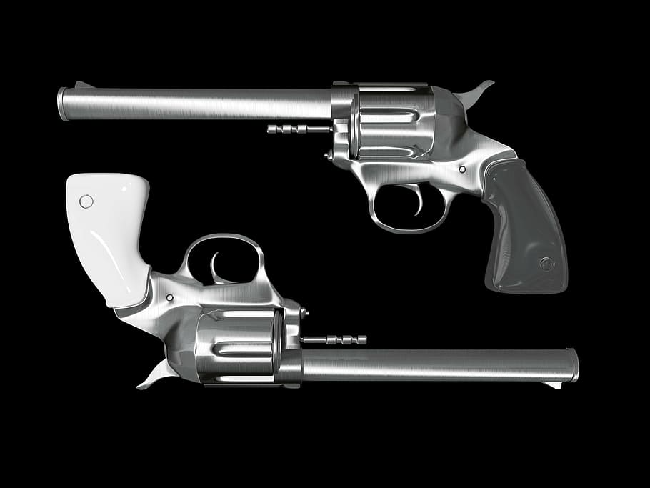 two gray revolvers, colt, revolver, pistol, hand gun, weapon, gun, handgun, danger, crime