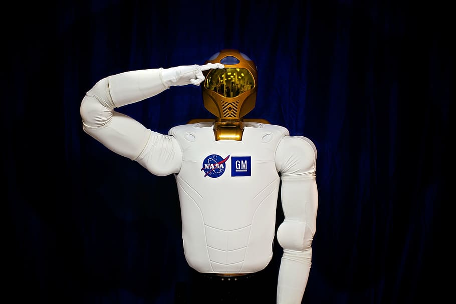 nasa robot, saluting, black, background, robonaut, dexterous, humanoid astronaut, helper, robot, iss