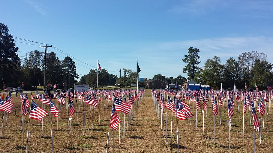veterans, memorial, flags, blue, sky, veteran, monument, soldier, war, remembrance