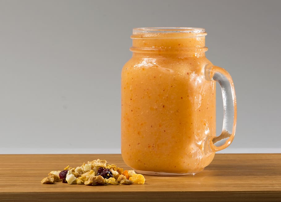 clear, glass mason jar mug, smoothie, mango, carambola, pineapple, guava, bless you, drink, healthy