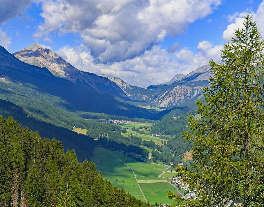 mountains view, daytime, switzerland, münstertal, oven pass, engadin, southeast switzerland, south tyrol, forests, spruce