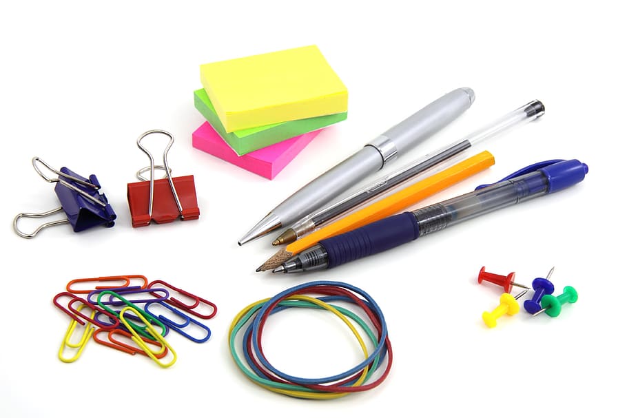 three, pens, yellow, pencil, sticky, notes, two, binder clips, paper clips, rubber bands