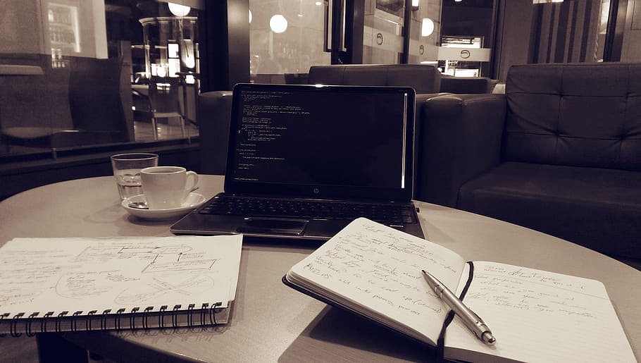 click pen, notebook, laptop, pc, pen, notes, code, programming, cafe, lance