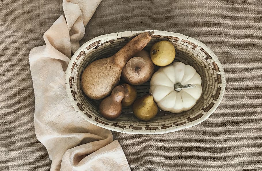 gourds, from above, autumn, fall colors, subtle color, fall, seasons, basket, top down, food