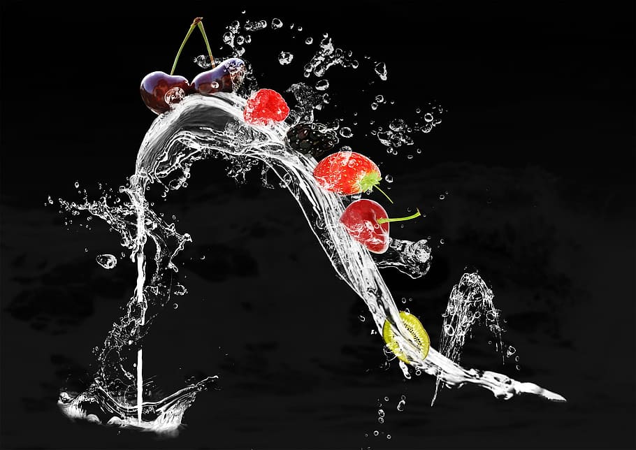 water, drops, strawberry, cherry, food photography, shoe, fruits, water splashes, drop of water, splash