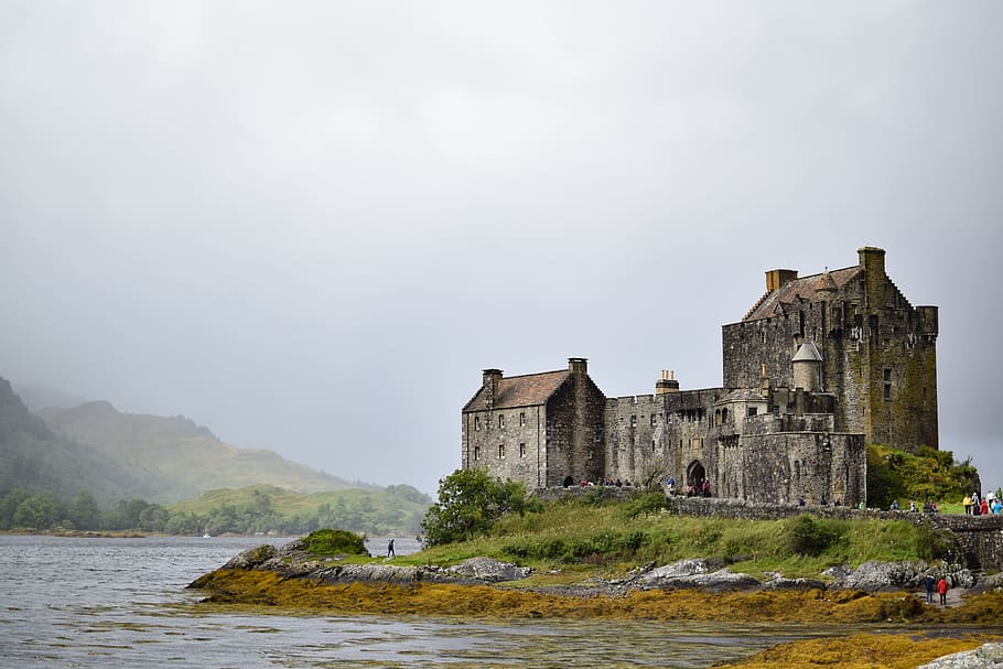gray, concrete, house, body, water, mountains, eilean donan castle, castle, scotland, solitary
