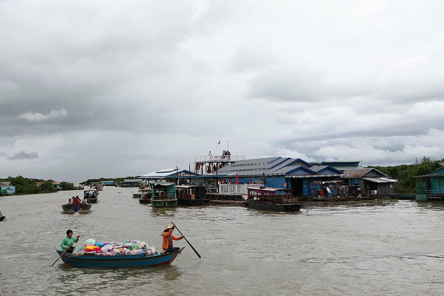 tonle sap lake, cambodia, floating homes, floating houses, transportation, nautical vessel, cloud - sky, water, sky, architecture