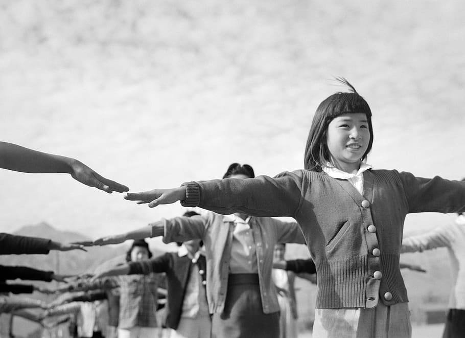 girl, children, manzanar, world war ii, black and white, ww2, wwii, gym hours, outdoors, people