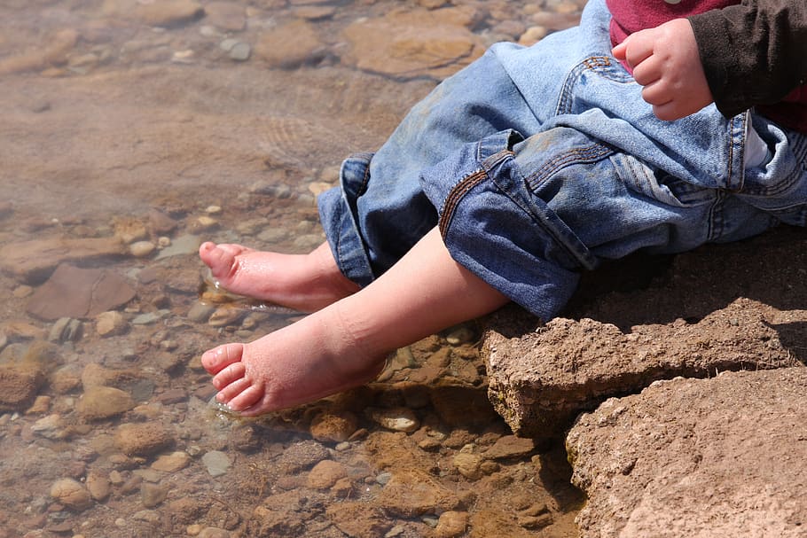 lago, diversión, dedos de los pies, bebé, pies, agua, protector solar, niños, nadar, jugar