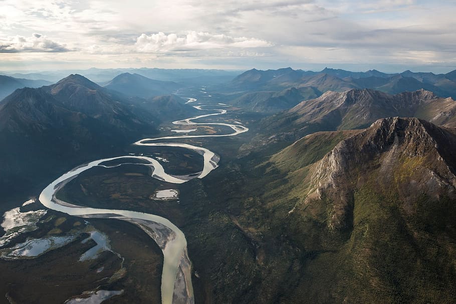 river, passing, mountains, panorama, landscape, scenic, clouds, sky, gates of the arctic, national park and preserve