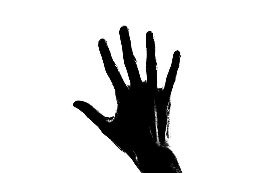 grayscale photography, right hand, silhouette, people, hand, palm, open, child, finger, wrist