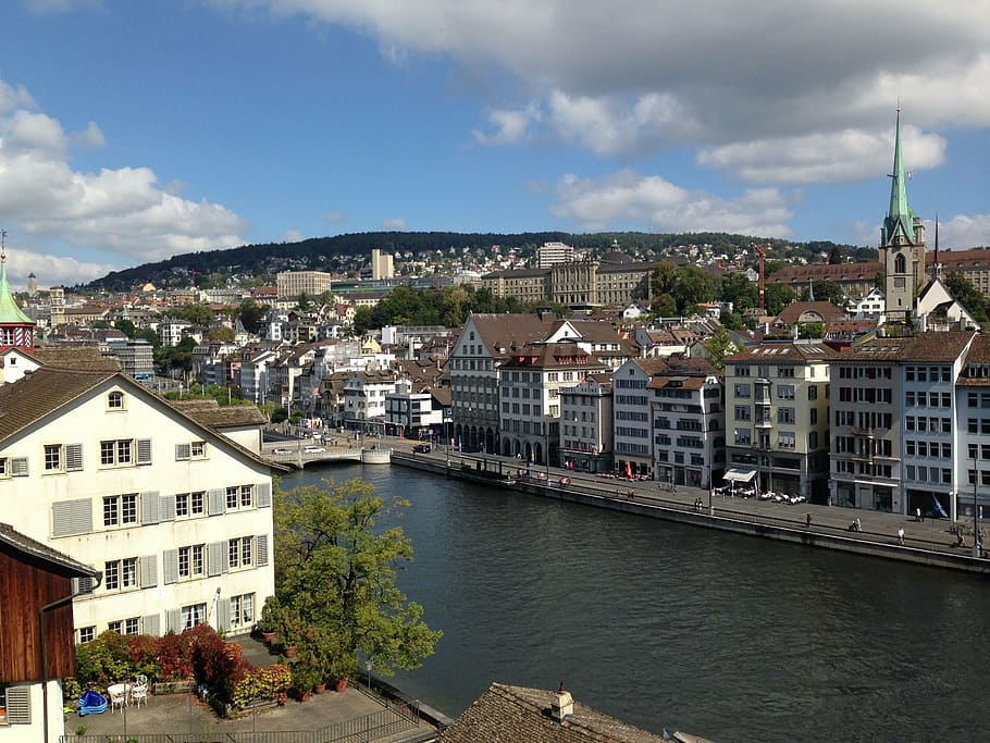 Zurique, Suiss, rio, exterior do edifício, cidade, arquitetura, água, estrutura construída, construção, céu
