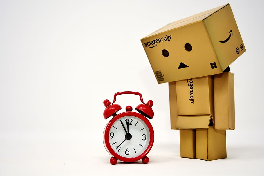 amazon box, looking, alarm clock illustration, the eleventh hour, time to rethink, disaster, time for a change, alarm clock, clock, ring the bell