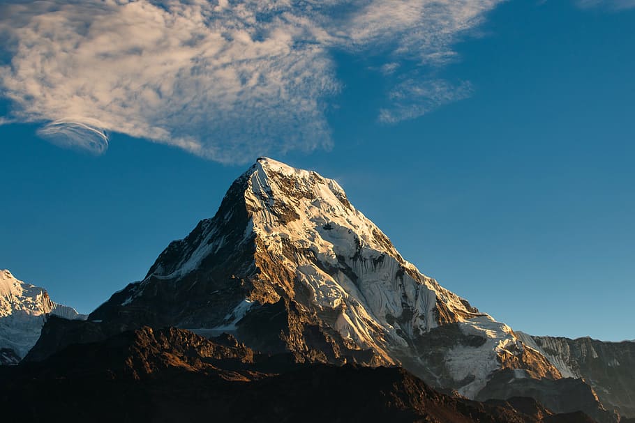 風景写真, 雪, 覆われた, 山, アンナプルナ, ヒマラヤ, 風景, ネパール, 旅行, 自然