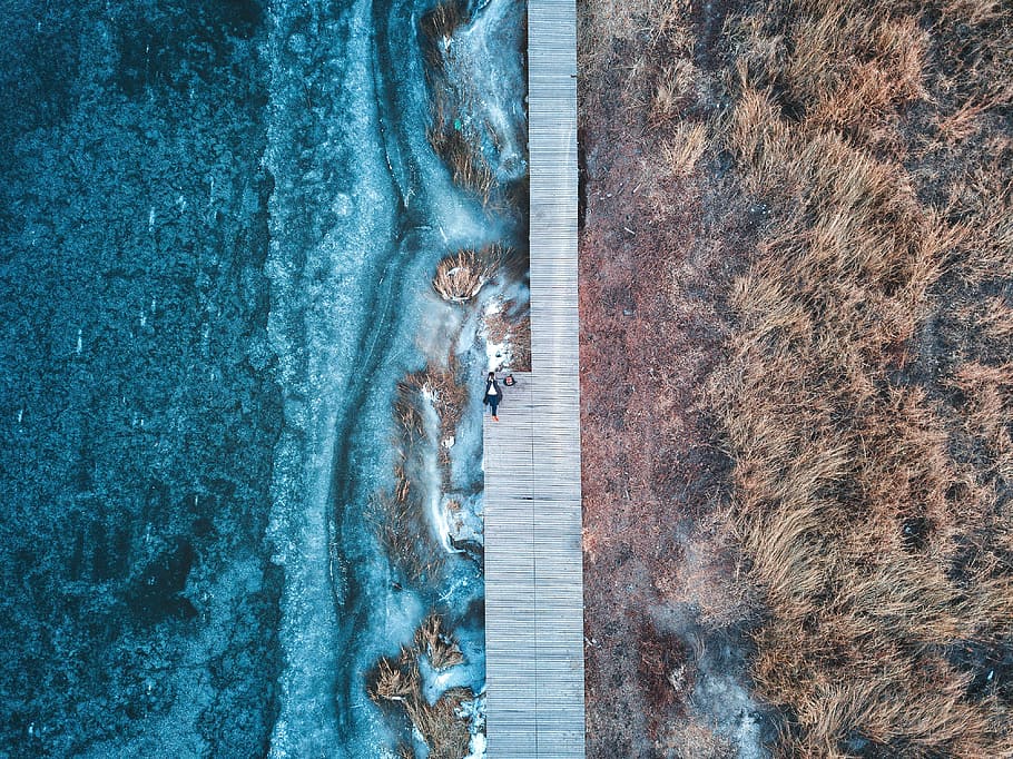 gray wooden dock, travel, aerial, uav, the ice, riverside, the high altitude perspective, ppt backgrounds, wallpaper, dji