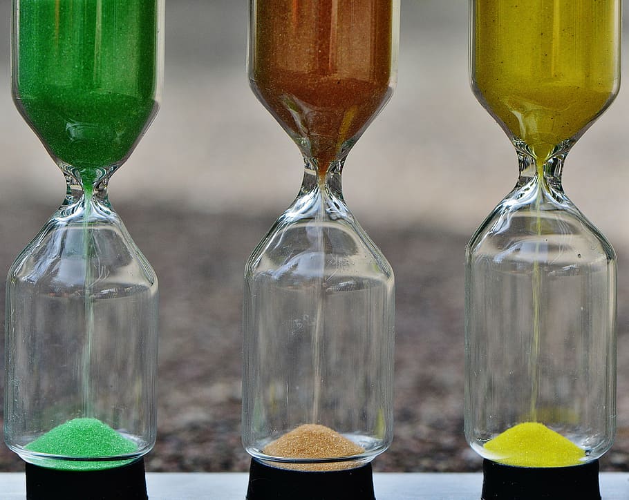 three, green, brown, hourglasses, hourglass, time, sand, transience, run out, amount of time