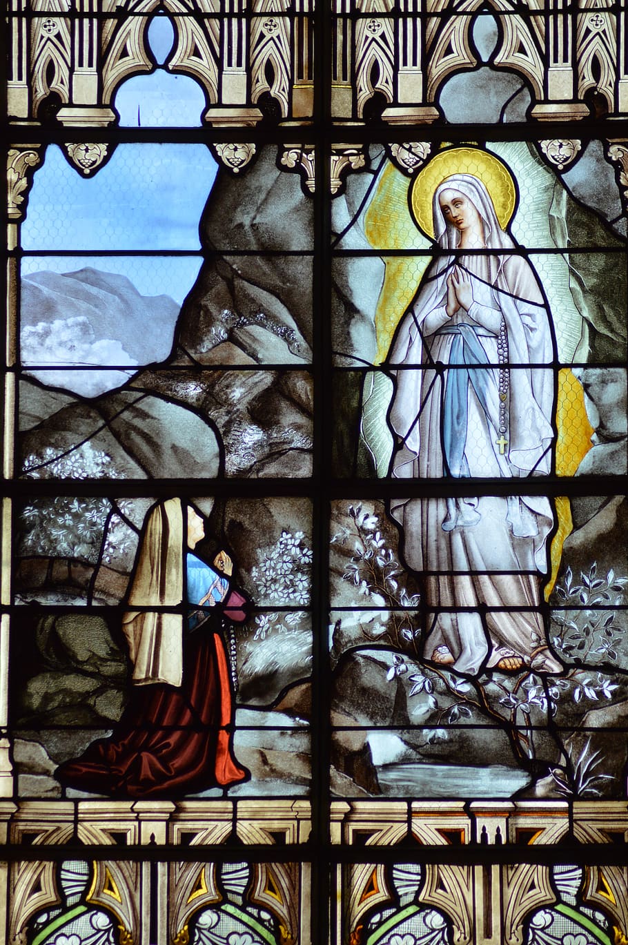 stained glass, colorful, light, virgin, mary, bernadette, sainte, heavy, glass, color