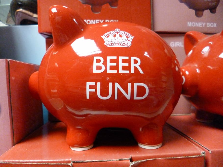 cerveza, cerdo, hucha, dinero, banco de monedas, monedas, banco, fondo de cerveza, Rojo, texto