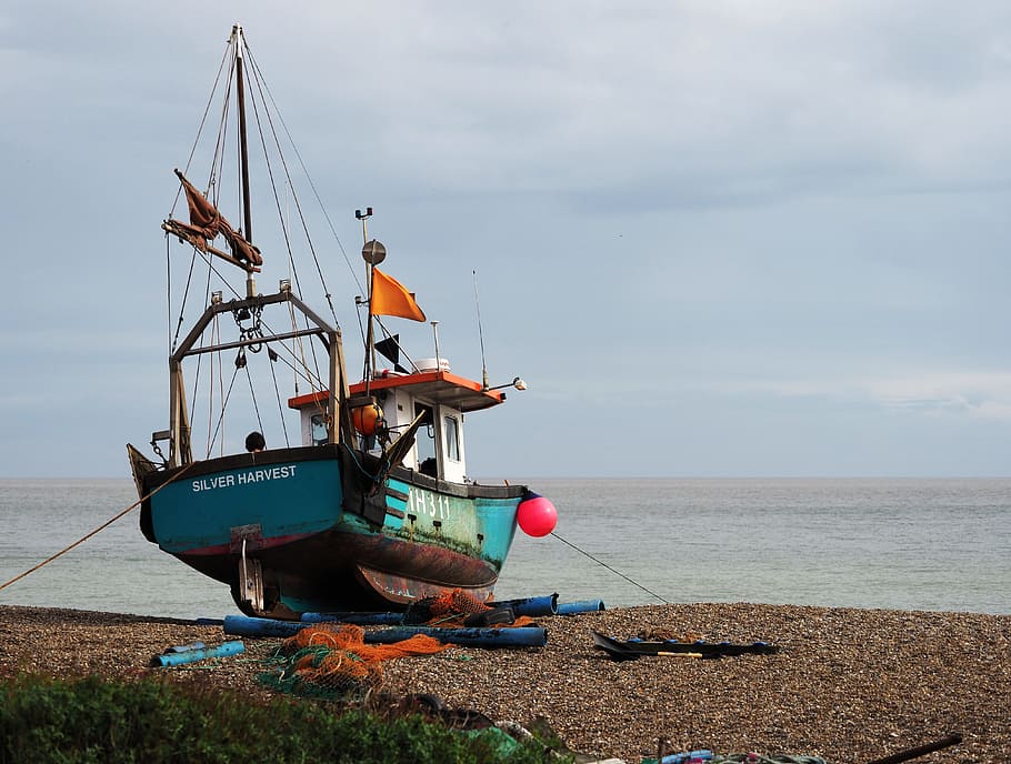 bote, pesca, playa, guijarros, orilla, horizonte, Aldeburgh, Suffolk, Gran Bretaña, litoral