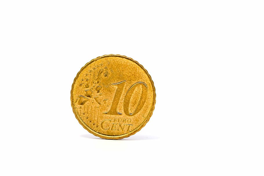 money, cash, euro, one, coin, ten, cents, europe, white background, gold colored