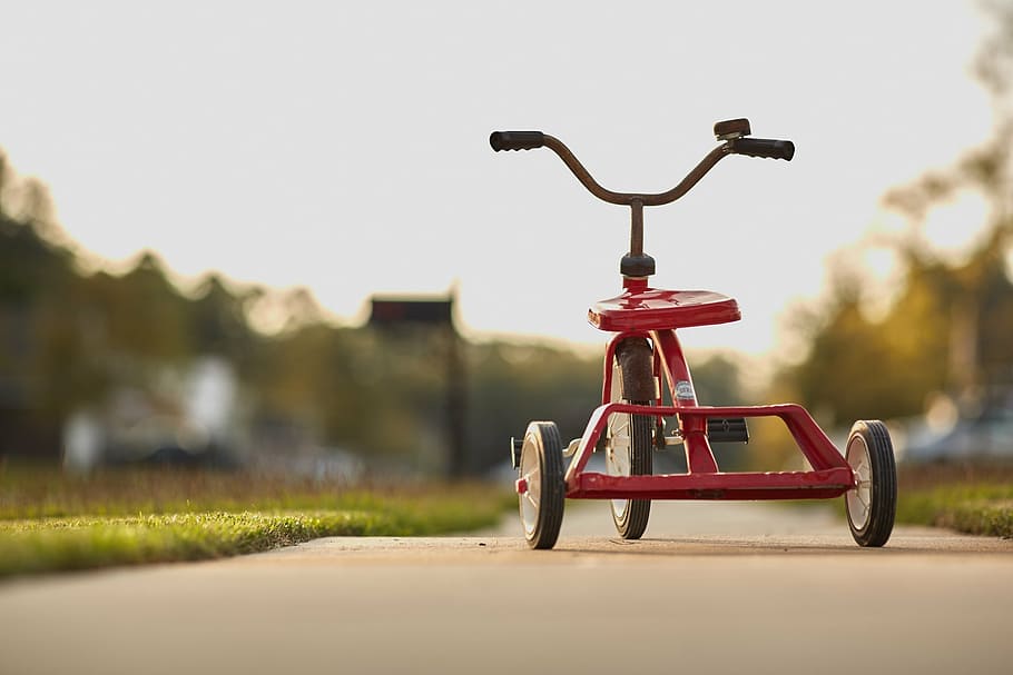 toddler, red, ride-on trike toy, sunrise, tricycle, childhood, toy, fun, ride, retro