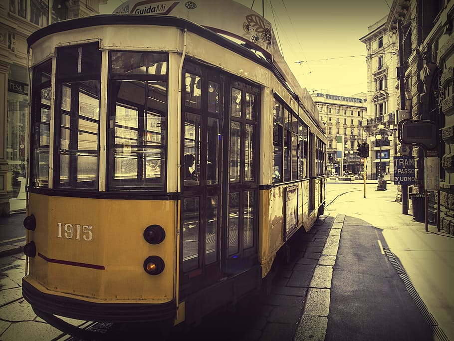 sepia-toned photography, tram, miland, italy, city, milan, public, cable Car, urban Scene, street