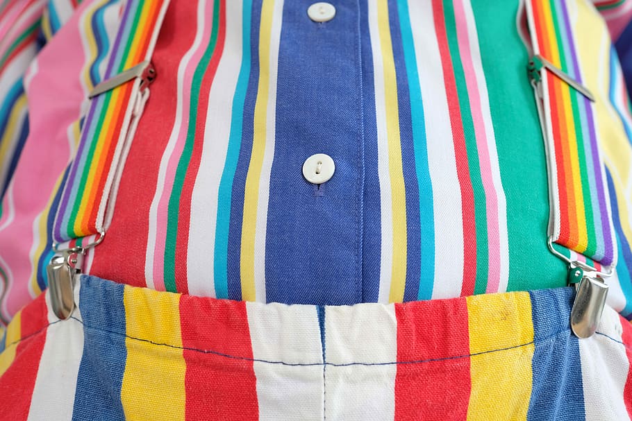 blue, green, white, red, stripes button-up, top, bottoms, set, close-up photo, blue, green