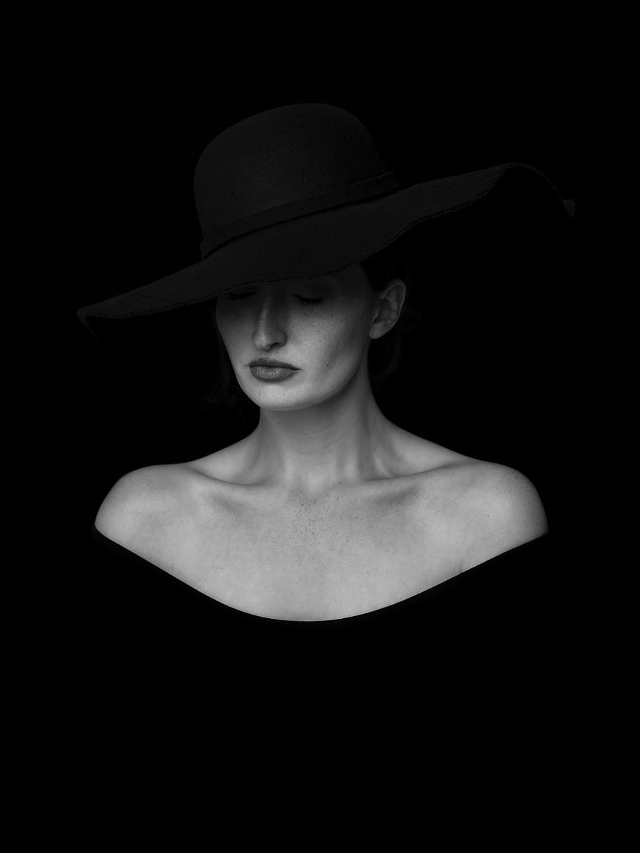 greyscale photo, woman, wearing, off-shoulder, top, hat, black and white, monochrome, people, lady