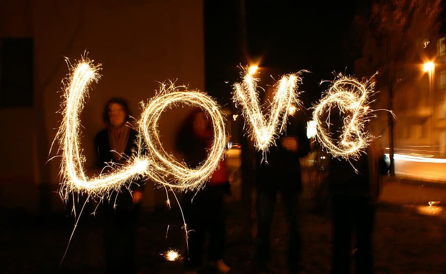 fireworks, forming, word love, word, love, at night, evening, mood, sparklers, lights