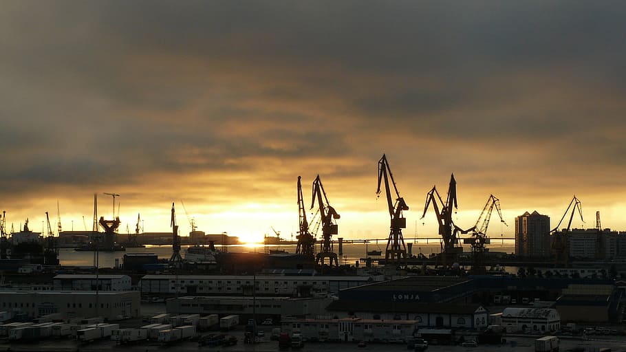silhouettes, cranes, building, cloudy, sky, Port, Coast, Architecture, Boats, Crane