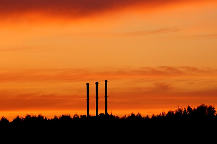 sunset, landscape, evening sky, afterglow, silhouette, chimneys, orange color, sky, industry, cloud - sky
