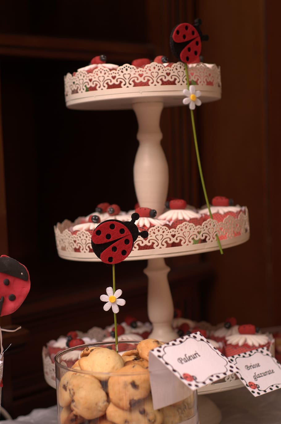 decoration, cake, food, celebration, candle, christmas, table, candy bar, lady bug, red