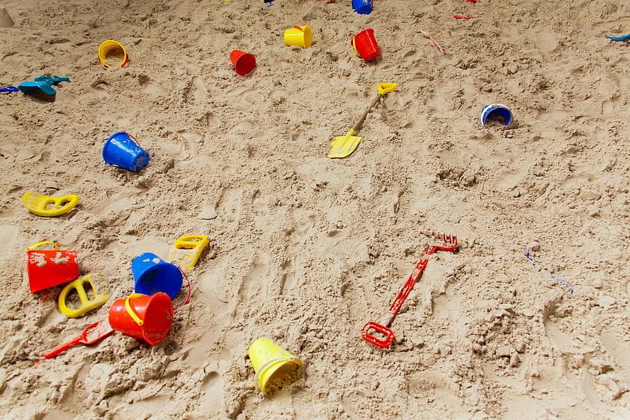 assorted, plastic sand toys, childhood, sand pit, plastic, play, playground, sand, sandbox, toy