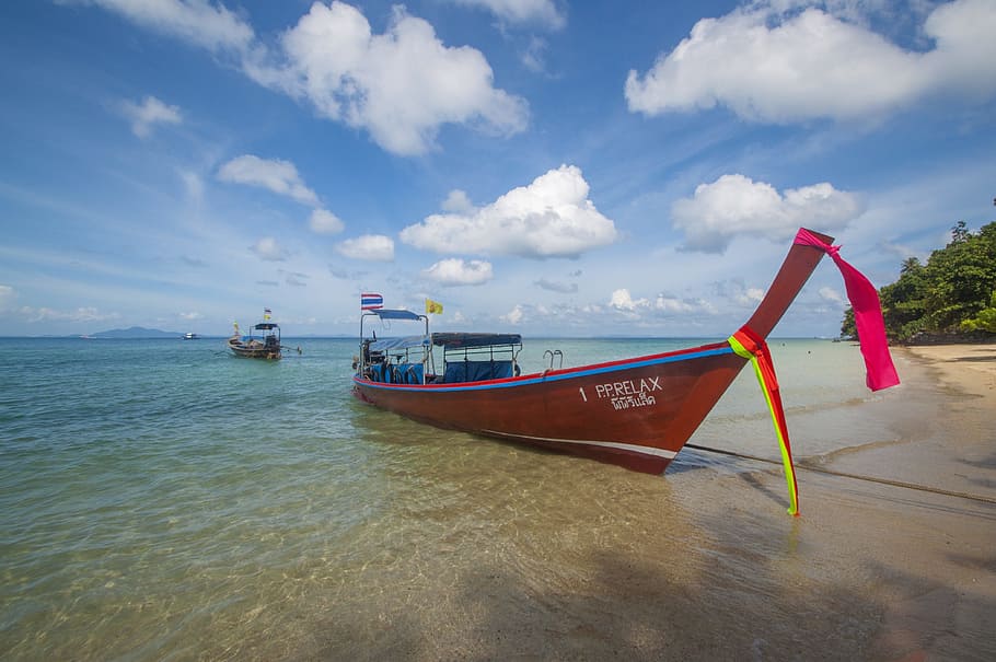 boat, thailand, long, tail, island, beach, water, sea, travel, vacation