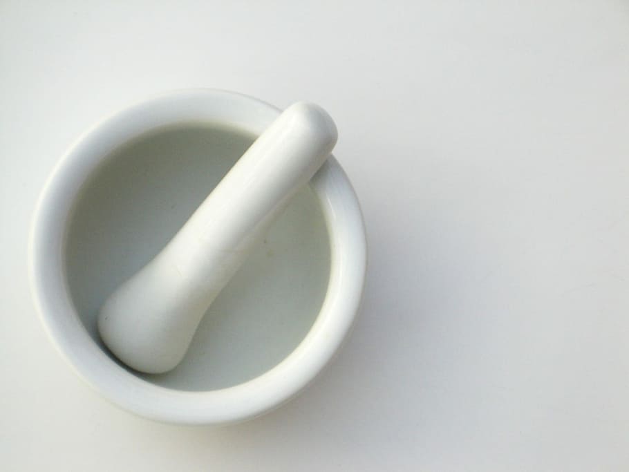 white, ceramic, mortar, pestle, surface, mortar and pestle, white surface, tools, preparation, grind